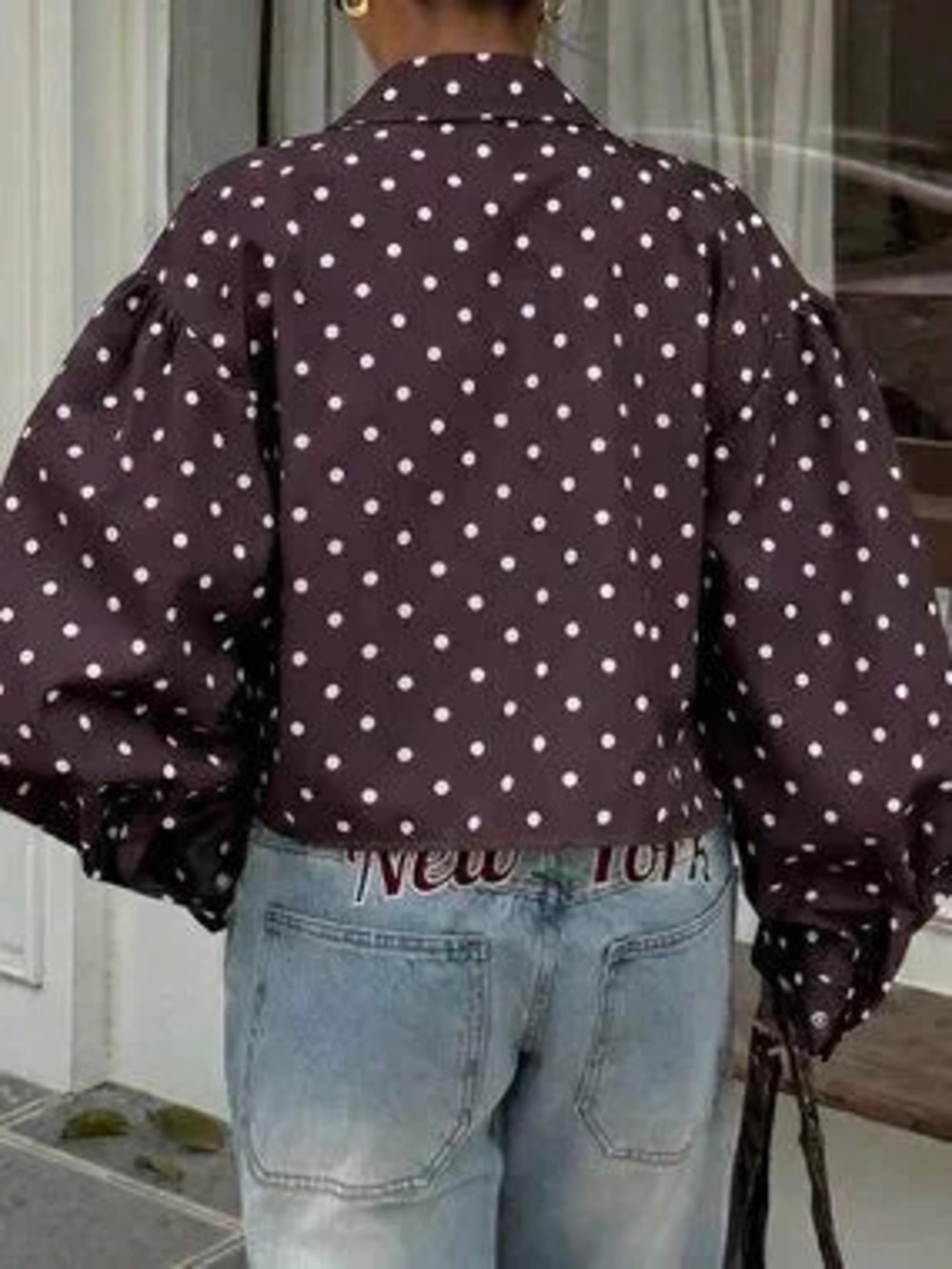 Coffee Brown Casual Women's Cute Polka Dot Print Long Sleeve Jacket In Polka Dot